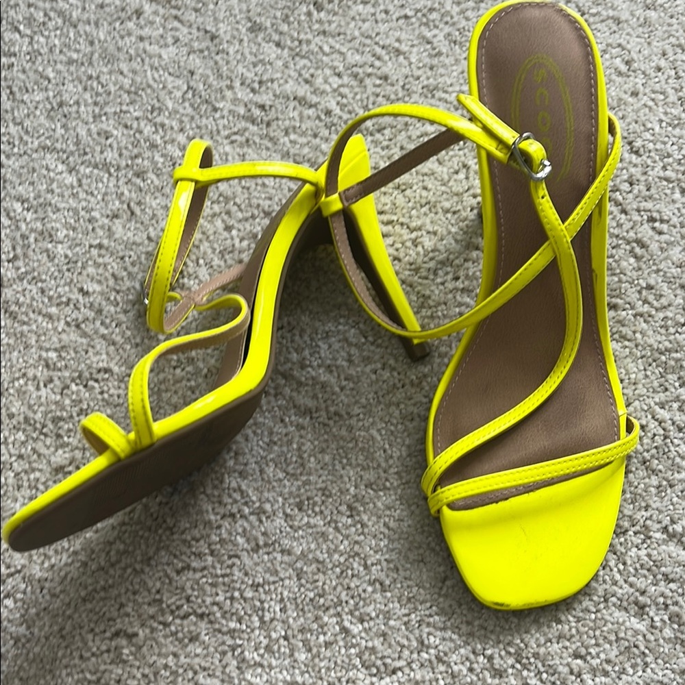 Scoop Yellow Heels with Strappy Design and Slim Heel